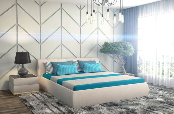 foto de catálogo con dormitorio decorado en tonos azules